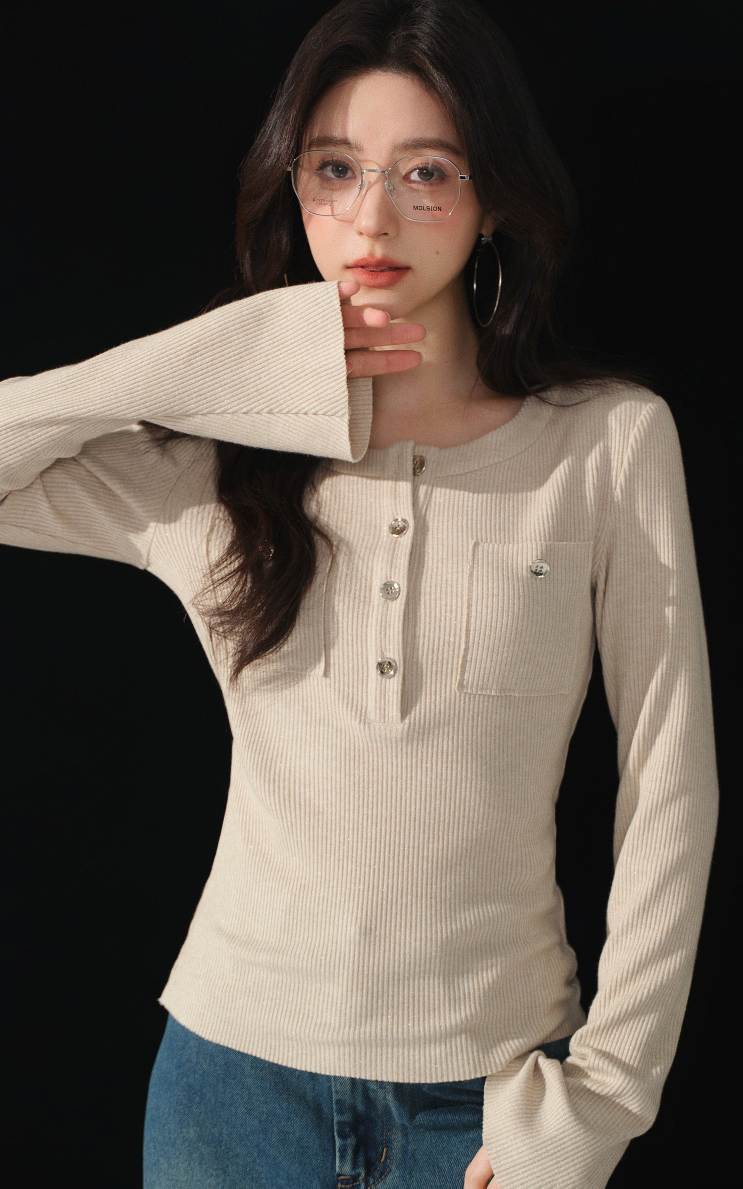 Sleepy Bunny Slim Fit Ribbed Knit Top Button Front Long Sleeve Tee with Pocket Detail Soft Stretch Casual Layering Top