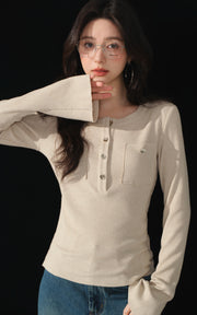 Sleepy Bunny Slim Fit Ribbed Knit Top Button Front Long Sleeve Tee with Pocket Detail Soft Stretch Casual Layering Top