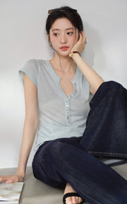 Sleepy Bunny Soft Knit Henley Button Front Short Sleeve Top