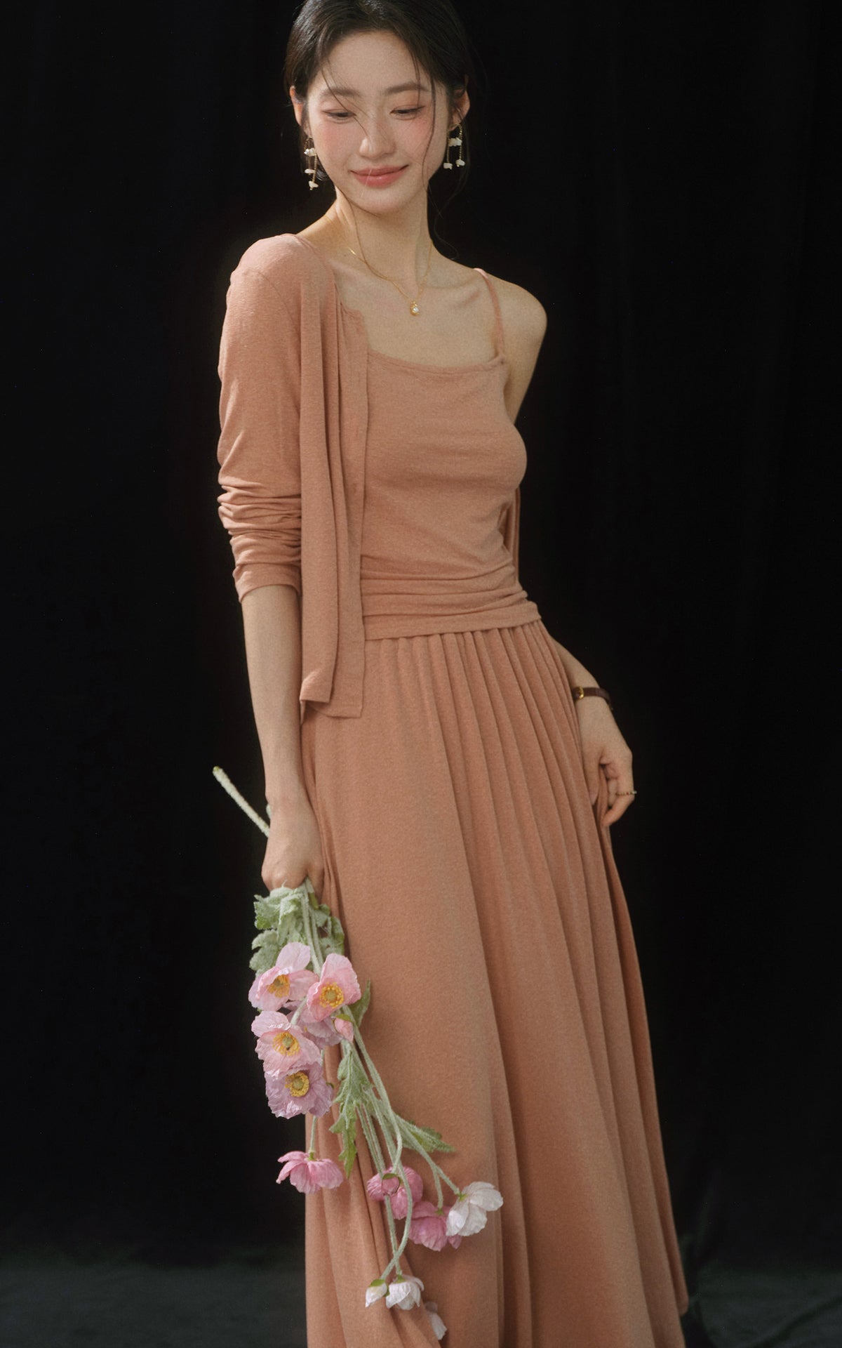 Sleepy Bunny Soft Knit Cardigan Camisole Maxi Skirt Three Piece Set