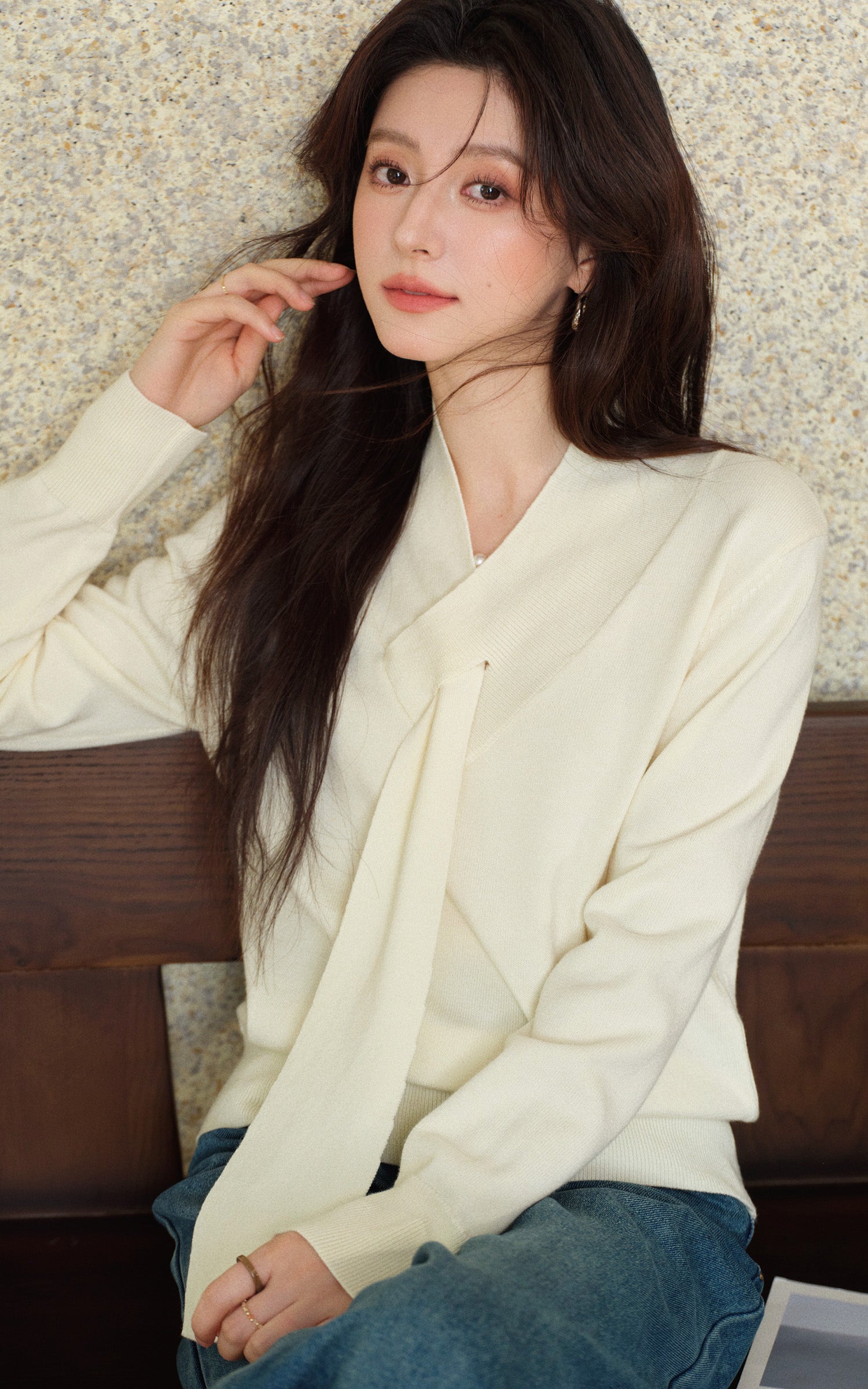 Sleepy Bunny Ivory Ribbon-Collar Knit Sweater