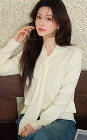 Sleepy Bunny Ivory Ribbon-Collar Knit Sweater