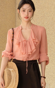 Sleepy Bunny Ruffle Tie Neck Sheer Blouse