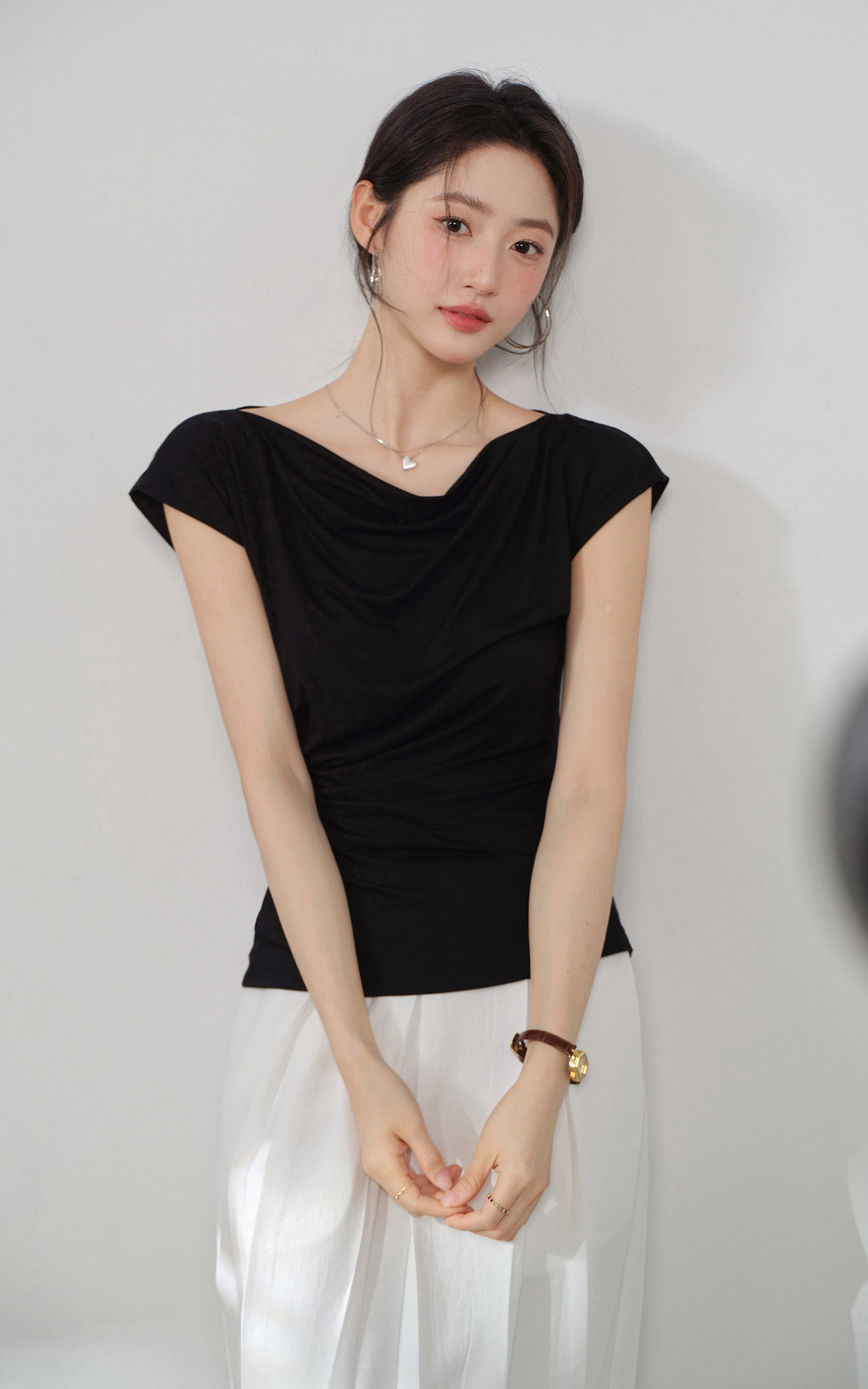 Sleepy Bunny Draped Neckline Ruched Slim Fit Short Sleeve Top
