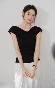 Sleepy Bunny Draped Neckline Ruched Slim Fit Short Sleeve Top