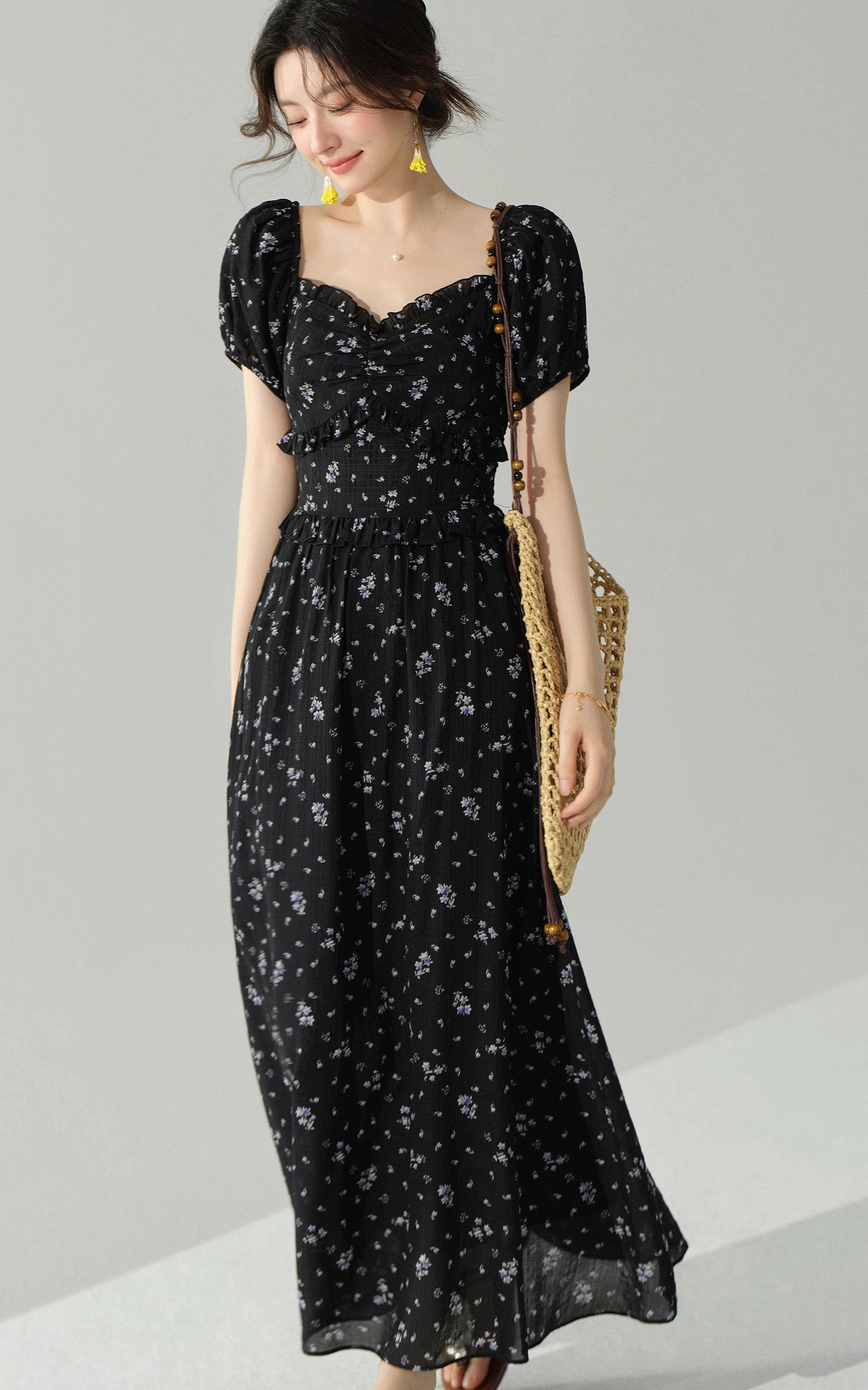 Sleepy Bunny Vintage Floral Puff Sleeve Ruched Midi Dress