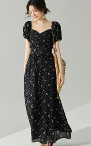 Sleepy Bunny Vintage Floral Puff Sleeve Ruched Midi Dress