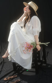 Sleepy Bunny Vintage Romantic Lace Trim Tie Front Sheer Cotton Blouse with Puff Sleeves