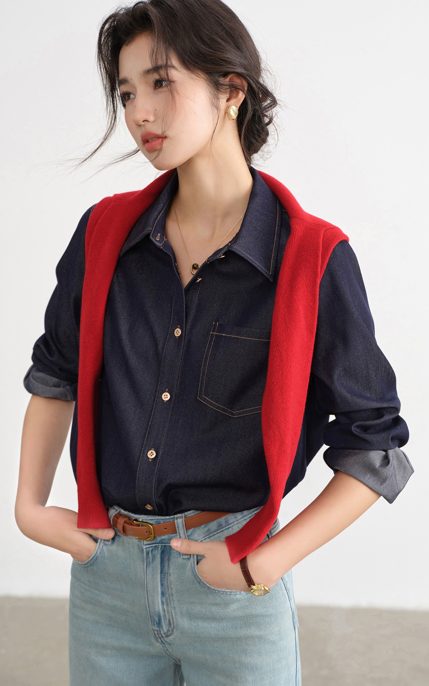 Sleepy Bunny Denim Shirt Classic Stitch Pocket Relaxed Fit Top