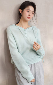 Sleepy Bunny Soft Wool Knit Hooded Sweater Relaxed Fit Button Detail Pullover Cozy Casual Top