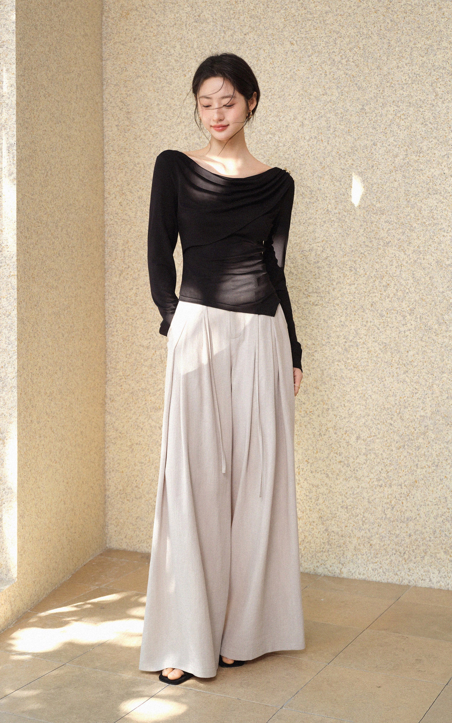 Sleepy Bunny Draped Neck Long-Sleeve Top & Pleated Wide-Leg Pants Set