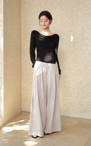 Sleepy Bunny Draped Neck Long-Sleeve Top & Pleated Wide-Leg Pants Set