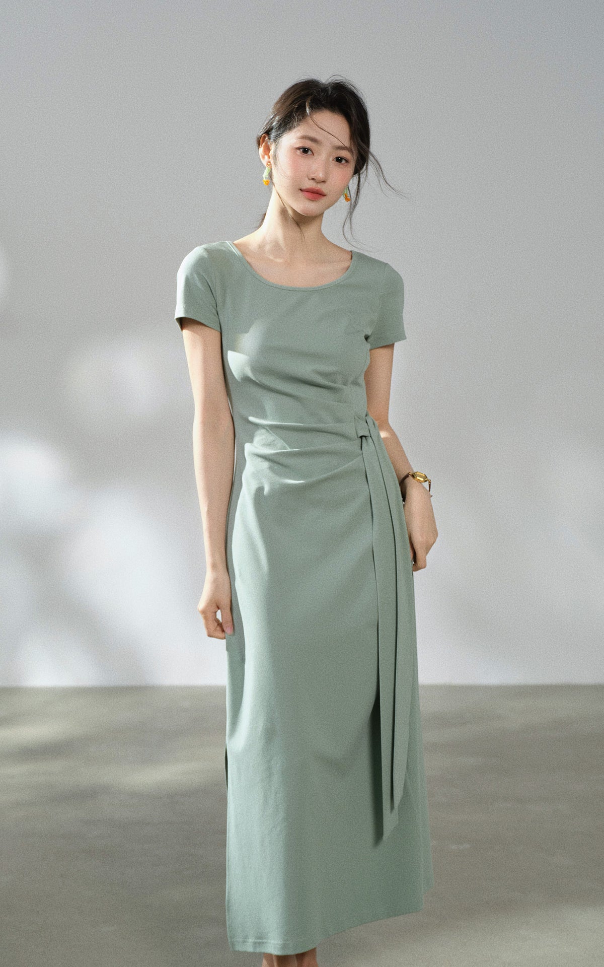 Sleepy Bunny Soft Draped Wrap Waist Short Sleeve Midi Dress