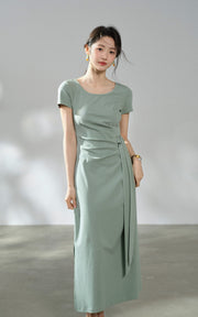 Sleepy Bunny Soft Draped Wrap Waist Short Sleeve Midi Dress
