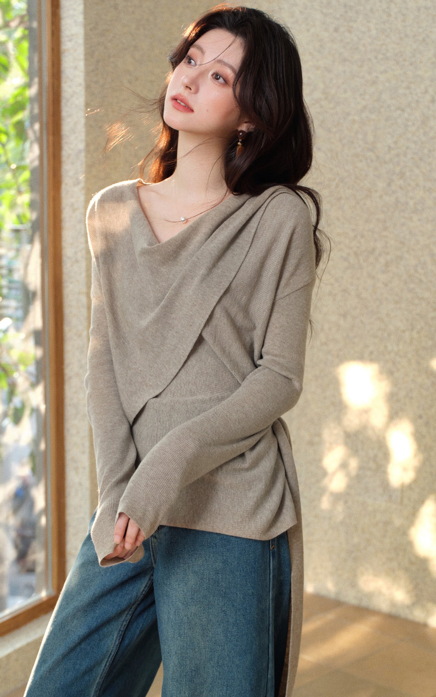 Sleepy Bunny Wool Blend Draped Wrap Knit Long Sleeve Top