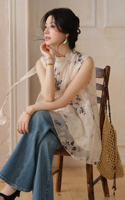 Sleepy Bunny Floral Sheer Stand Collar Sleeveless Blouse with Relaxed A-Line Silhouette