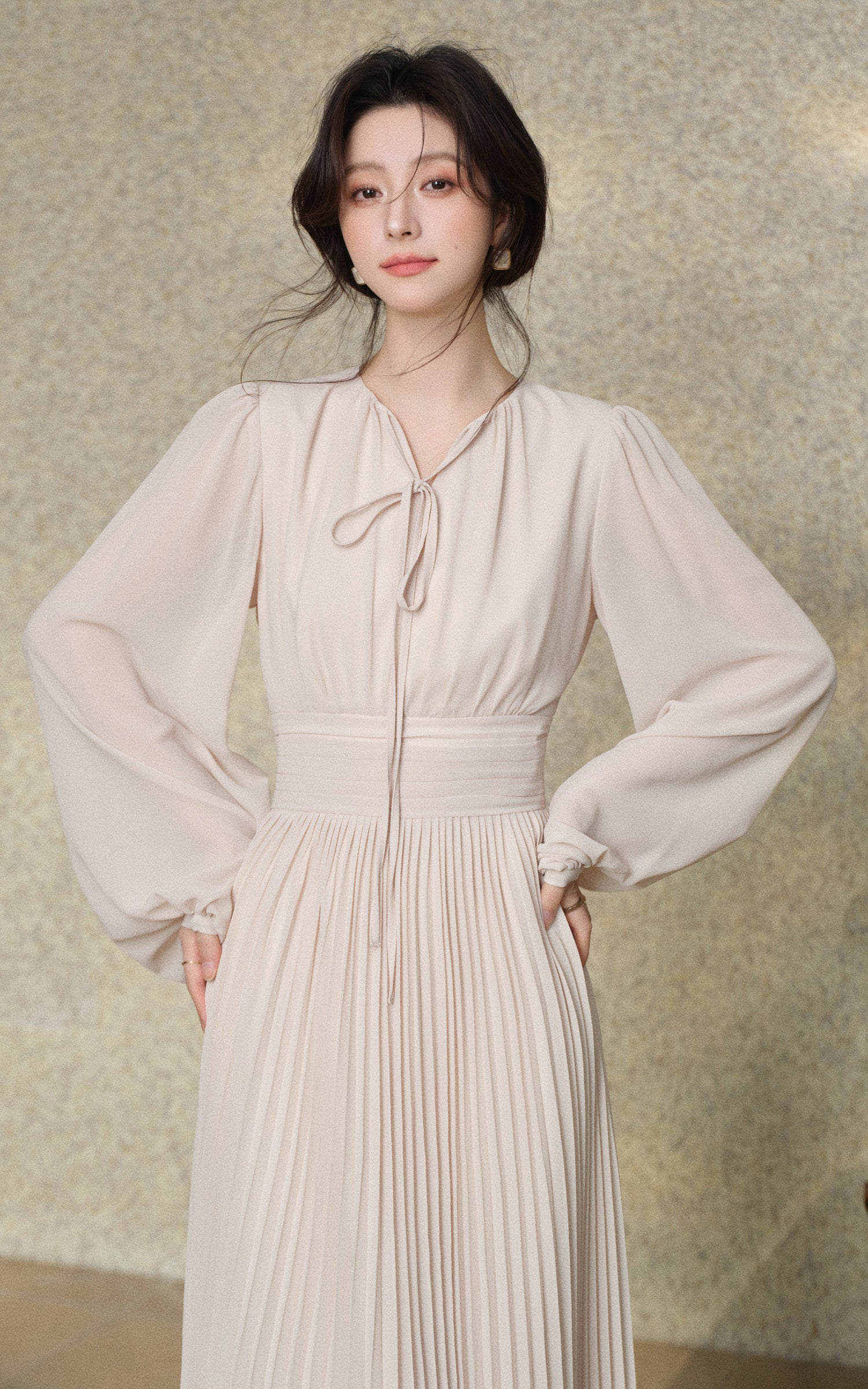 Sleepy Bunny Nude Pink Pleated Halter Maxi Dress