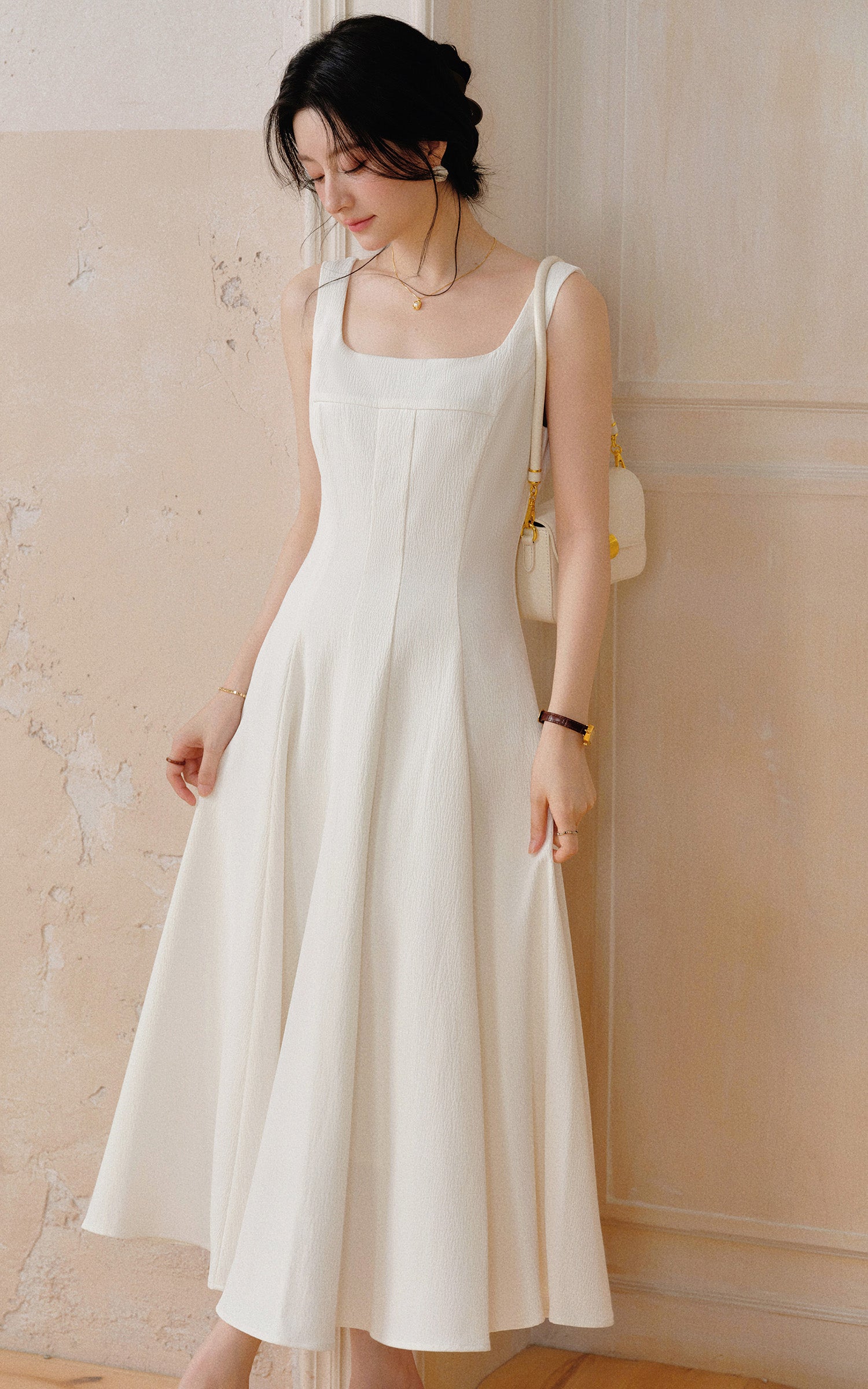 Sleepy Bunny Square Neck Textured A-Line Midi Dress