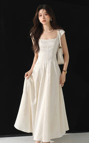 Sleepy Bunny Square Neck Maxi Dress Slim Waist A Line Elegant Long Dress