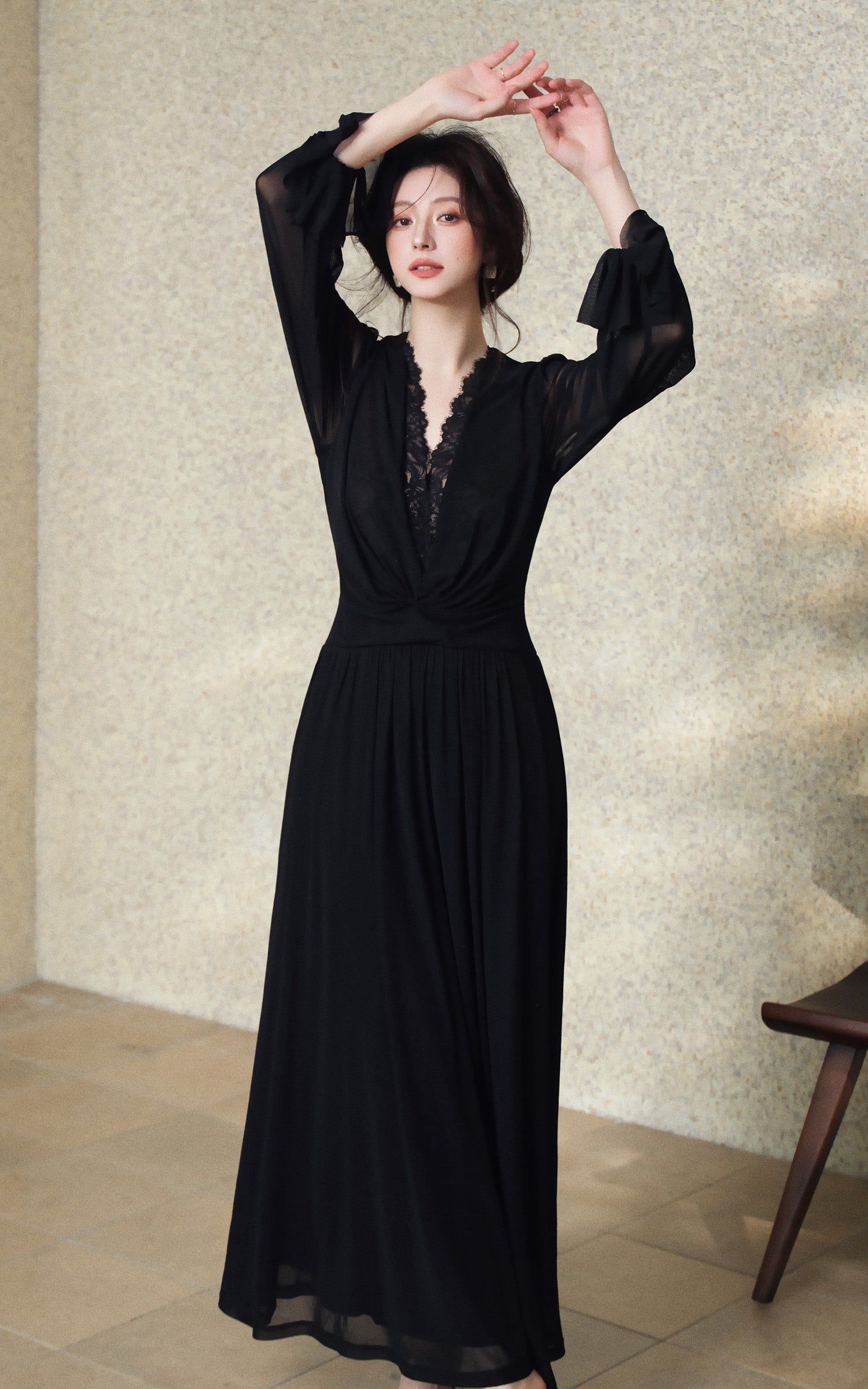 Sleepy Bunny Lace V-Neck Chiffon Midi Dress