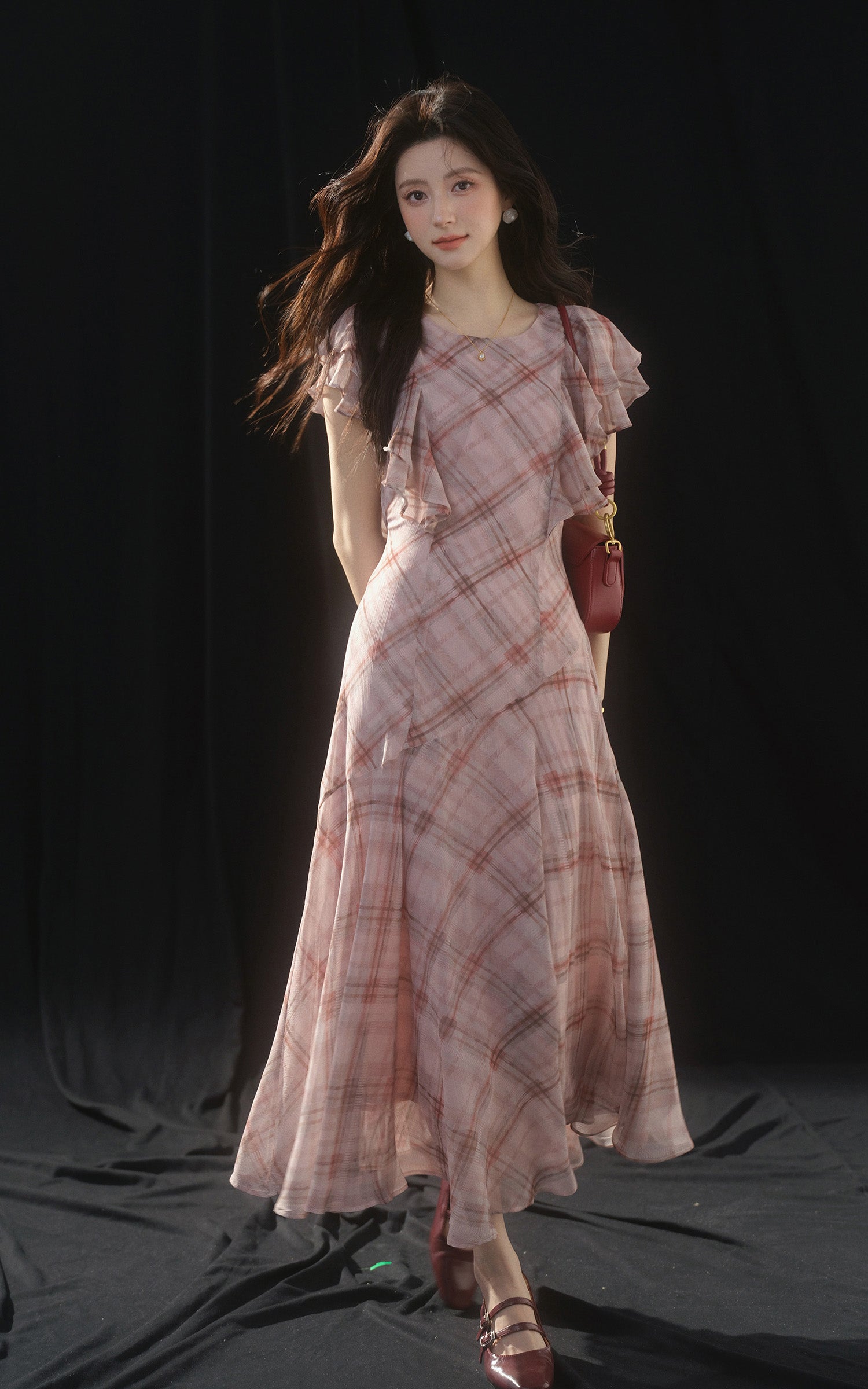 Sleepy Bunny Romantic Plaid Mesh Midi Dress with Ruffled Sleeves and Flowing A-Line Silhouette