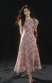 Sleepy Bunny Romantic Plaid Mesh Midi Dress with Ruffled Sleeves and Flowing A-Line Silhouette