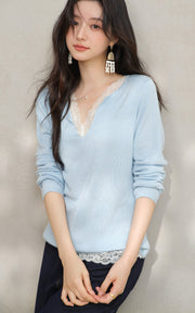 Sleepy Bunny Soft Lace Trim V-Neck Knit Top Slim Fit Long Sleeve Layering Tee