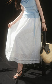 Sleepy Bunny Floral Embroidered Midi Skirt with Scalloped Lace Hem and Soft A-Line Silhouette