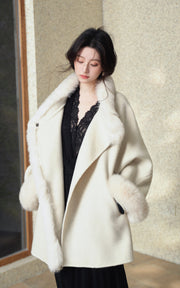 Sleepy Bunny Elegant Wool-Like Fur Trim Belted Short Coat Soft Textured Wrap Jacket