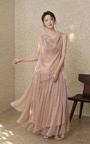 Sleepy Bunny Sheer Layered Maxi Dress With Draped Neckline & Ruffle Skirt