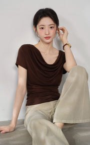 Sleepy Bunny Draped Cowl Neck Ruched Short Sleeve Top