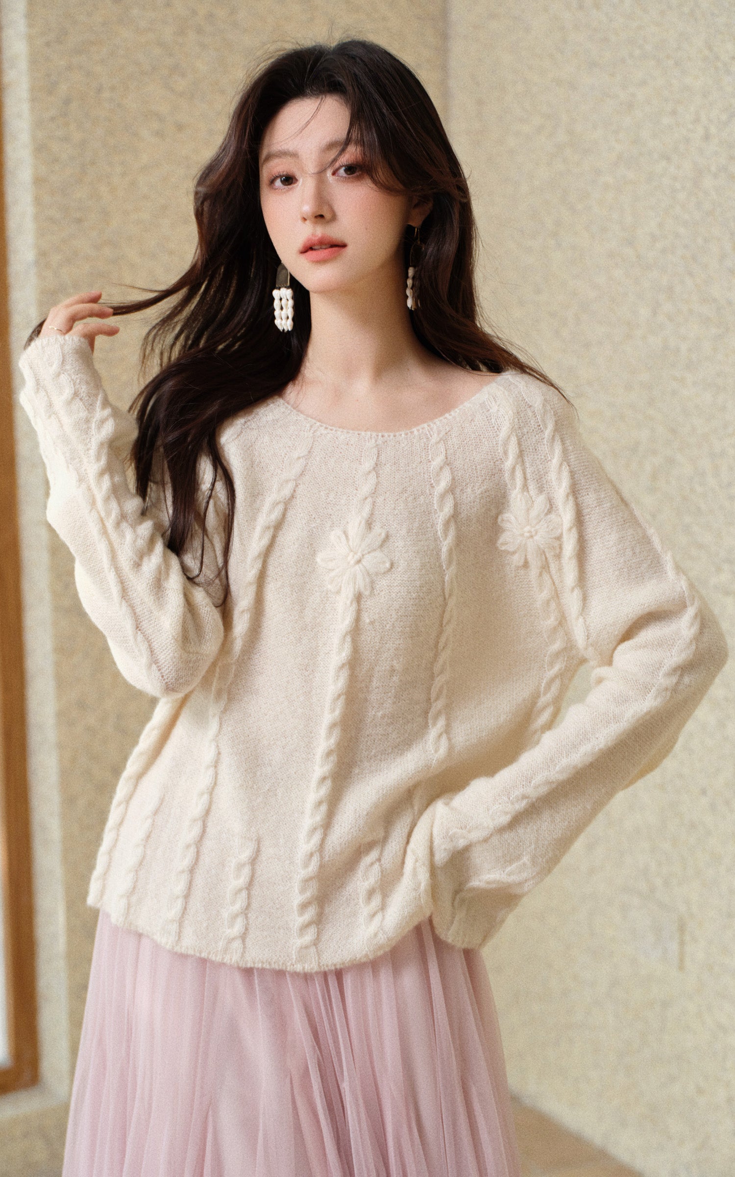 Sleepy Bunny Soft Wool Cable Knit Flower Sweater Top