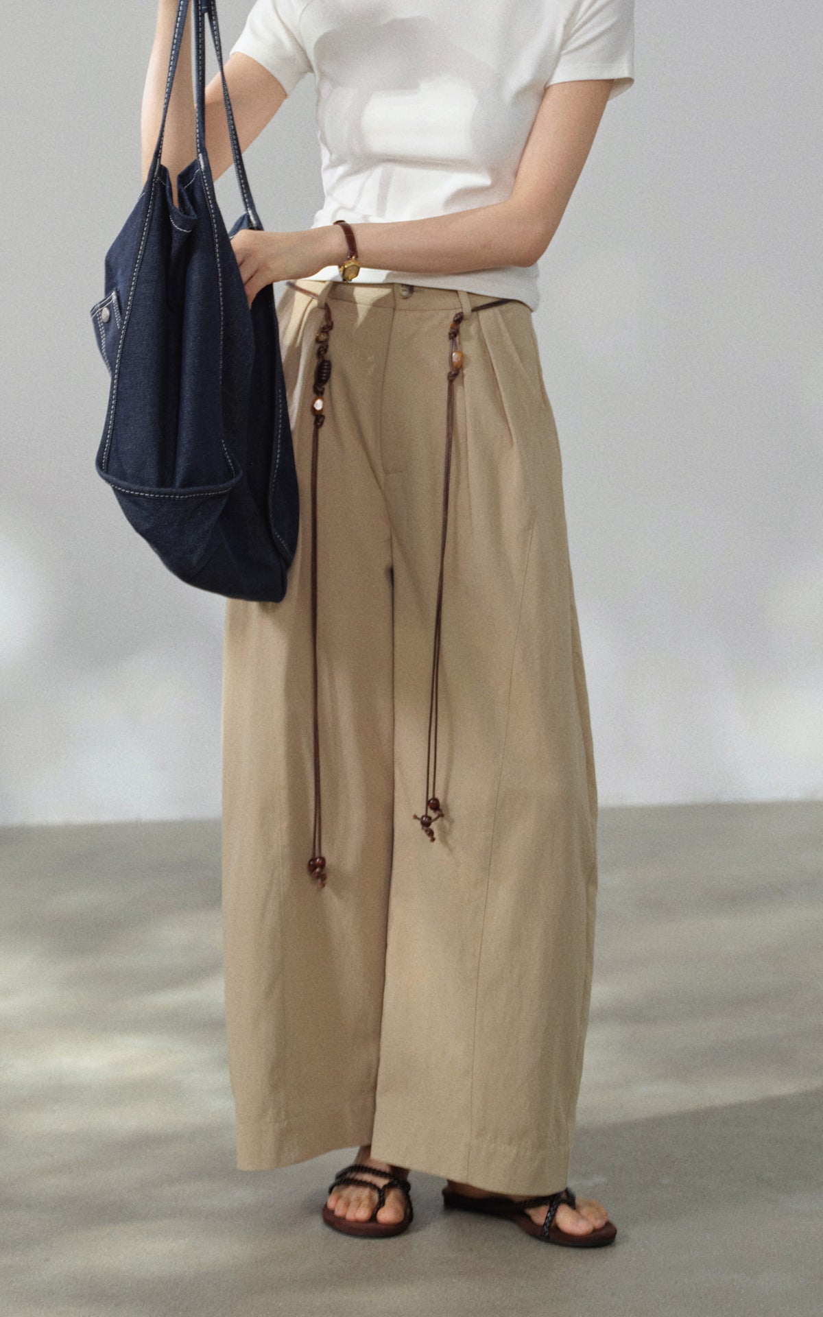 Sleepy Bunny Wide Leg Pleated Trousers With Beaded Drawstring Detail