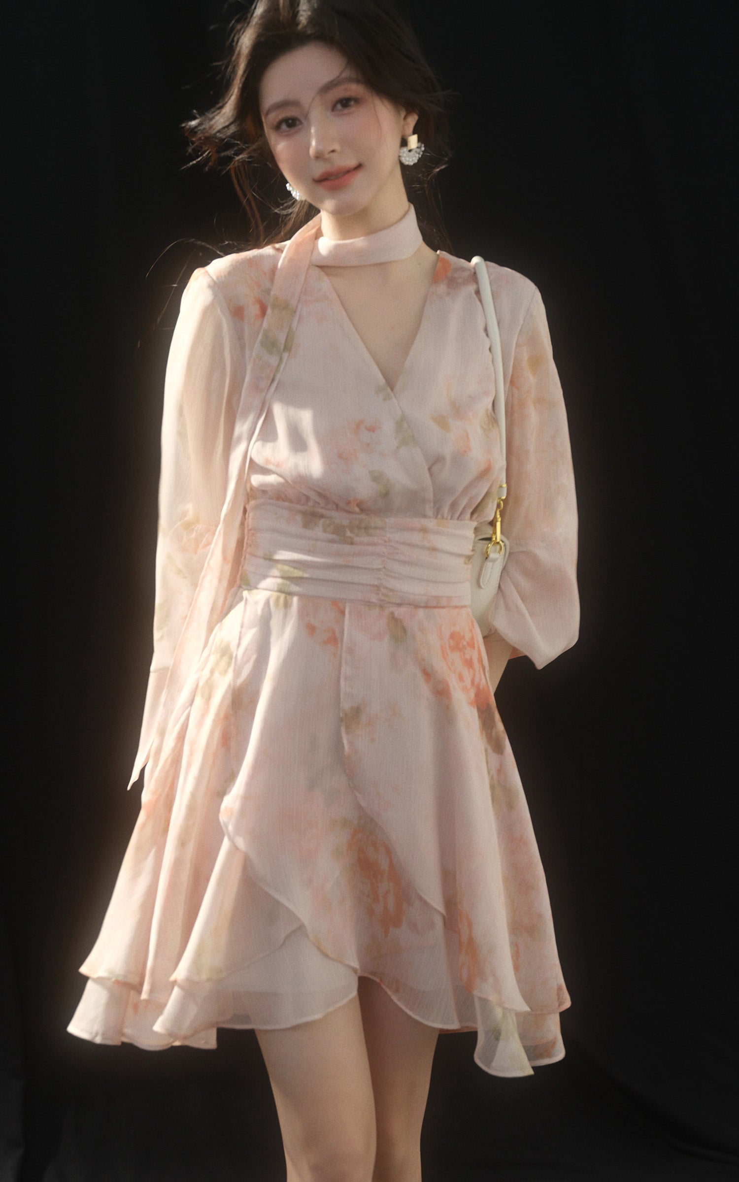 Sleepy Bunny Romantic Floral Chiffon Mini Dress with V Neckline, Ruched Waist and Layered Hem