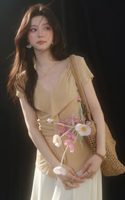 Sleepy Bunny Liquid Gold Wool Draped V-Neck Fitted Top