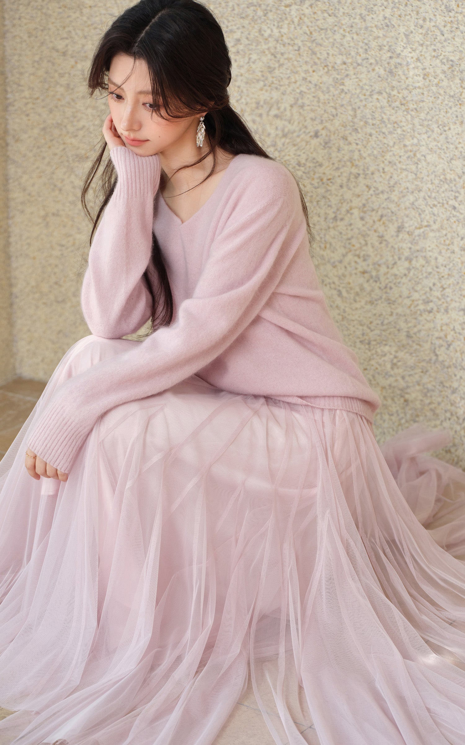 Sleepy Bunny Soft Mesh Pleated Long Skirt