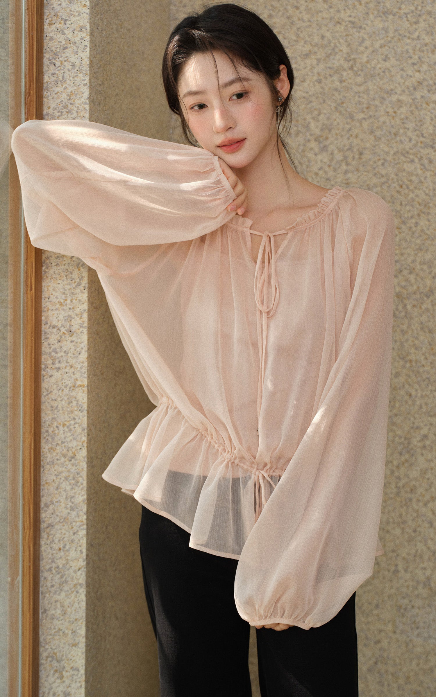 Sleepy Bunny Blush Cloud Sheer Drawstring Blouse Set