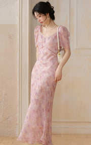 Sleepy Bunny Floral Sheer Puff Sleeve Midi Dress with Ruched Waist Detail
