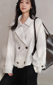 Sleepy Bunny Cropped Trench Jacket Women Double Breasted Lapel Coat Relaxed Fit Lightweight Outerwear Casual Chic Blazer Style