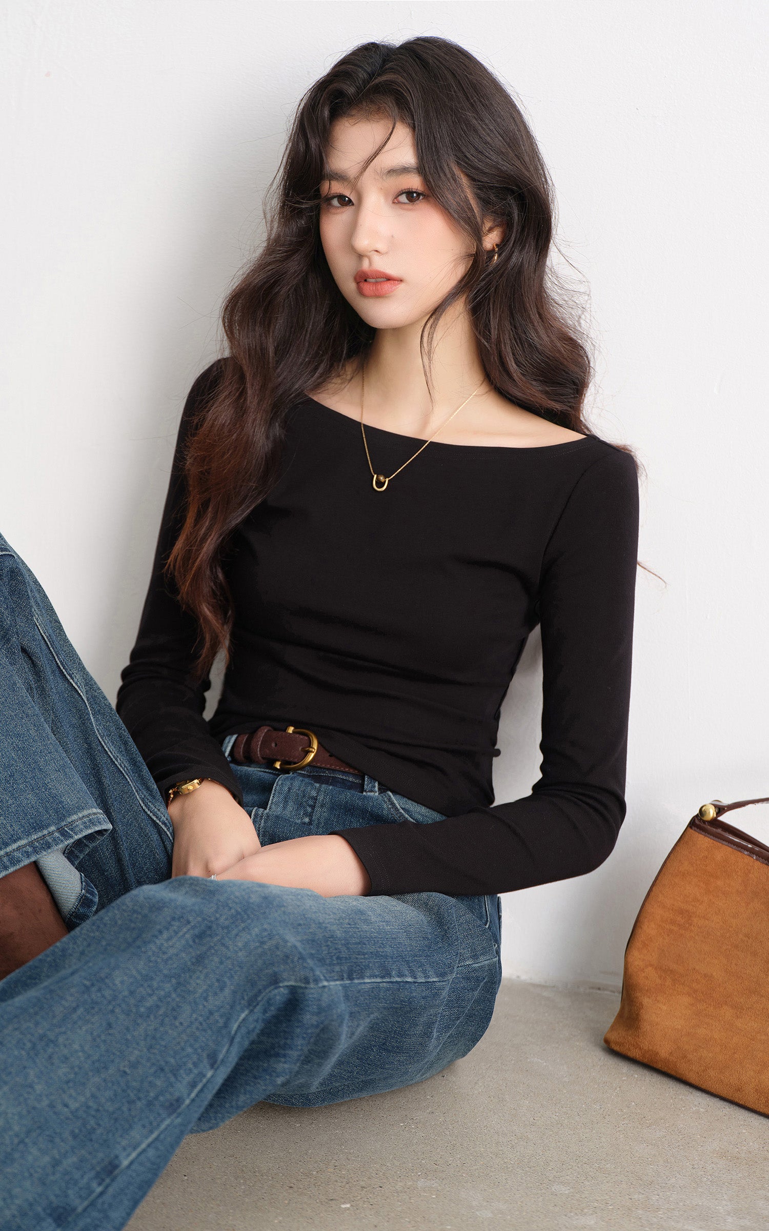 Sleepy Bunny Slim Fit Boat Neck Long Sleeve Top Stretch Basic Tee