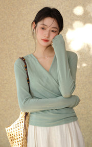 Sleepy Bunny Draped Wrap Front V Neck Short Sleeve & Long Sleeve Top