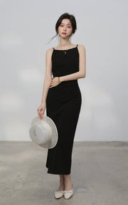 Sleepy Bunny Minimal Square-Neck Ruched Waist Slim-Fit Maxi Dress