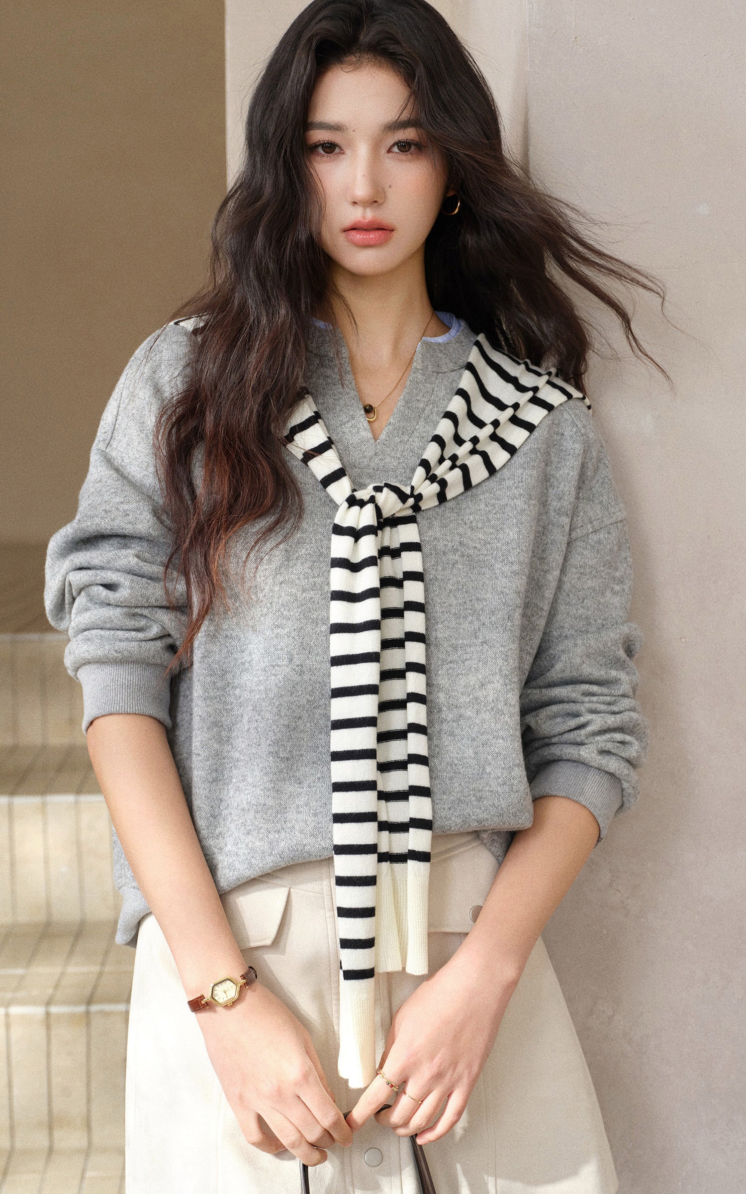 Sleepy Bunny Relaxed Fit V-Neck Long Sleeve Sweatshirt Soft Casual Pullover