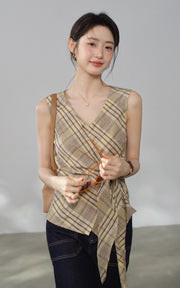 Sleepy Bunny Vintage Plaid Wrap Front Tie Waist Sleeveless Top
